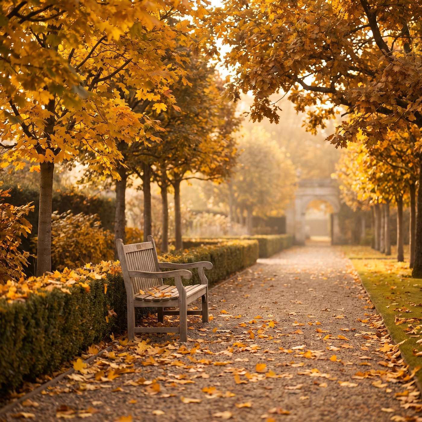 Ein stiller Herbstweg mit einer Bank im goldenen Nachmittagslicht