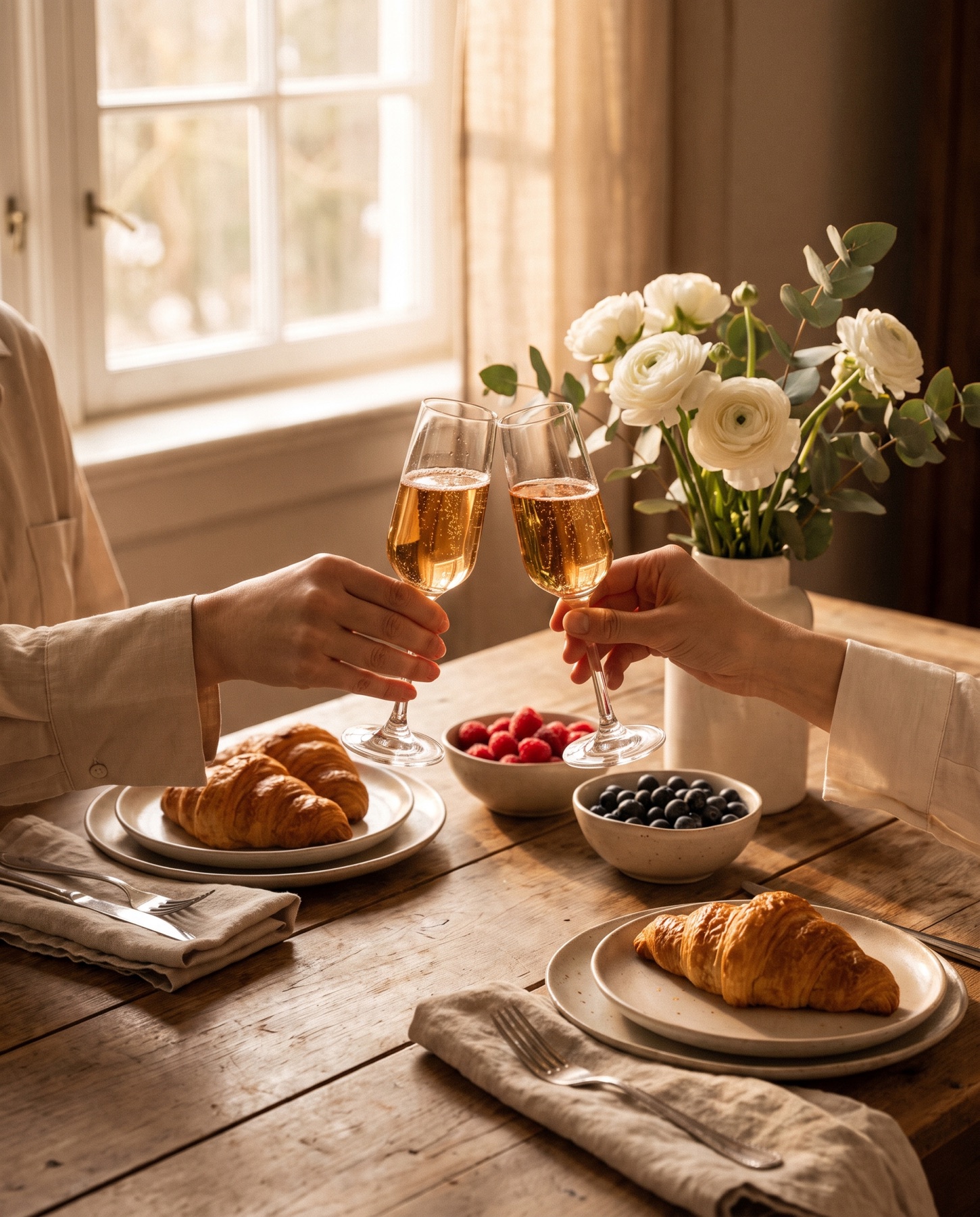 Champagnerfrühstück mit zwei Gläsern, die angestoßen werden